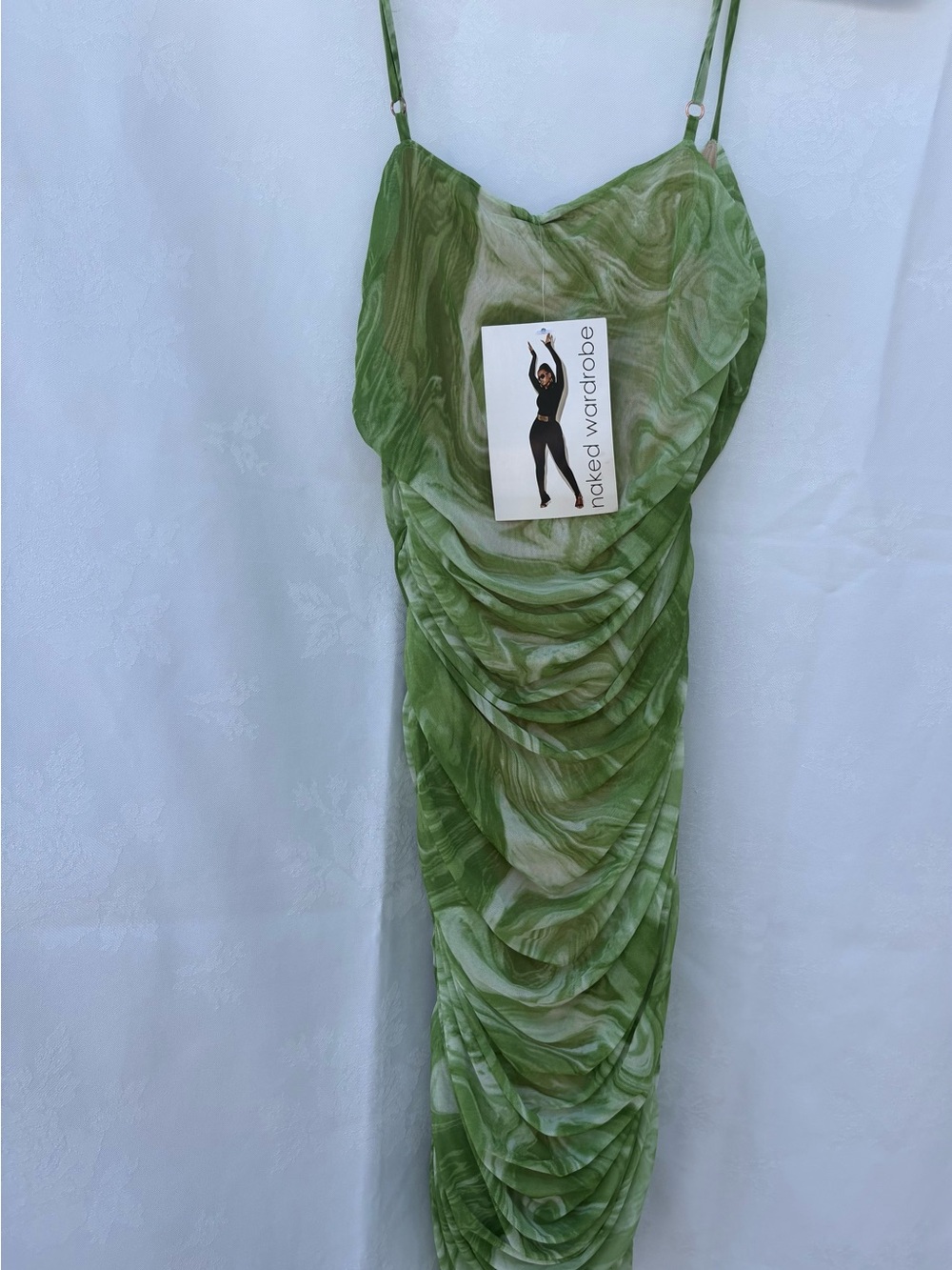naked wardrobe Green Marble Ruched Slip Dress